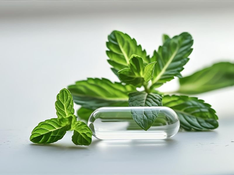 clear peppermint oil softgel capsule next to fresh green peppermint leaves, illustrating a natural supplement for bloating.