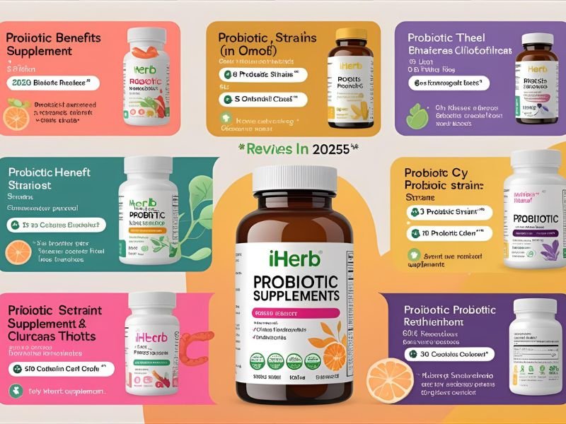 Infographic comparing top probiotic supplements on iHerb for 2025