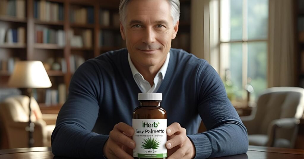 A handful of saw palmetto berries next to a bottle of NOW Foods Saw Palmetto Extract, a top supplement for prostate health.