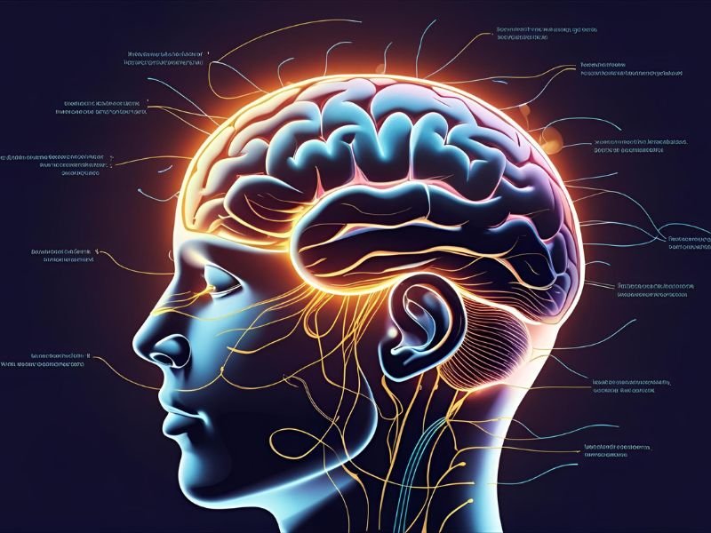 Infographic showing a simplified brain with neurotransmitter pathways and arrows indicating balance, representing how supplements modulate stress.