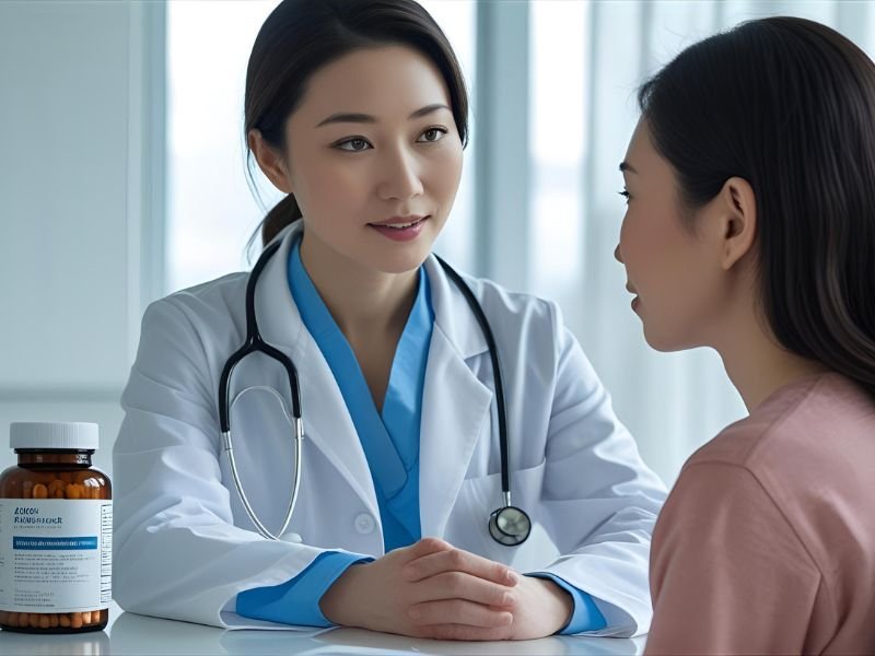 Healthcare professional (doctor or pharmacist) in consultation with a patient, with a supplement bottle on the table, emphasizing safety and medical advice.