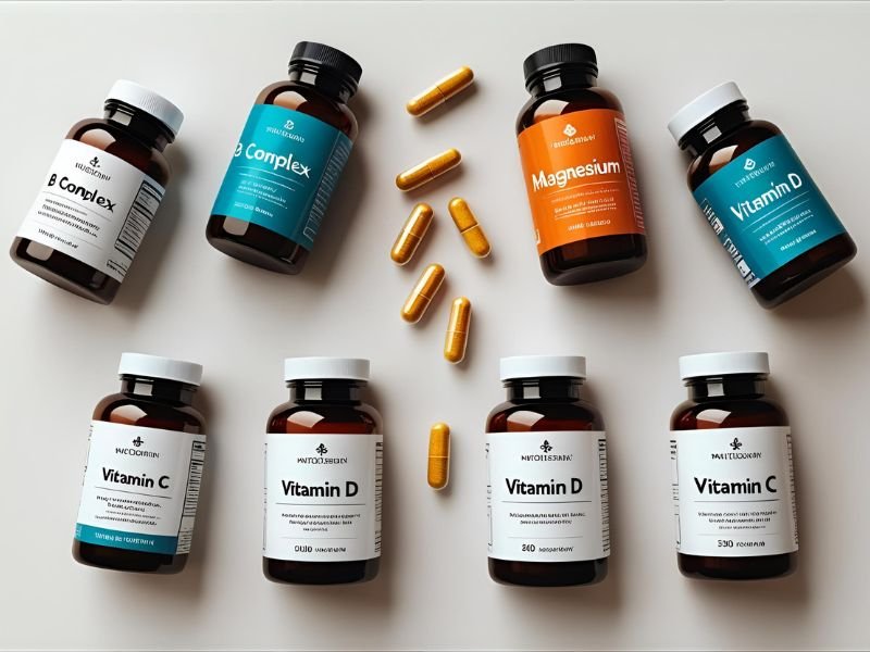 Assortment of Vitamin B complex, Magnesium, Vitamin D, and Vitamin C supplement bottles and capsules on a clean white surface, labeled for stress relief.