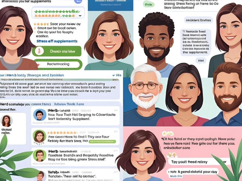 Collage of mock-up screenshots of positive iHerb product reviews and short, positive Reddit comments about stress relief supplements, with diverse user avatars.