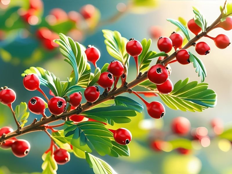 A branch of the Berberis (Barberry) plant with red berries, the natural source of Berberine for gut health.