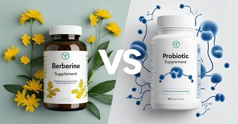 A comparison image asking 'Which is better for your gut health?', showing a bottle of Berberine vs Probiotics.