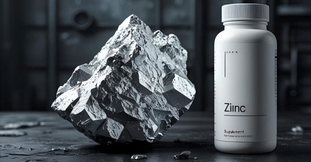 A piece of raw zinc mineral next to a bottle of Life Extension Zinc Caps, an essential supplement for mens health.