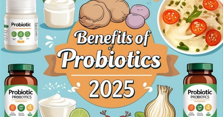 Benefits of probiotics—collage of supplements, fermented foods, and gut health icons, 2025