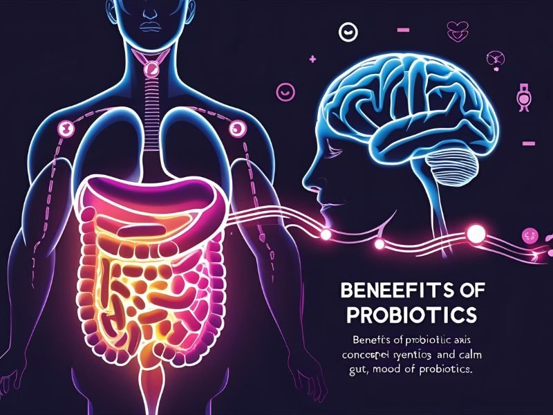Benefits of probiotics—gut-brain axis illustration for mental health and mood, 2025