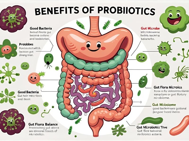 Benefits of probiotics visualized as healthy gut microbiome with beneficial bacteria illustration, 2025