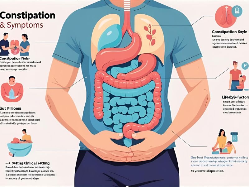 Illustration showing causes and common symptoms of constipation with digestive system and uncomfortable person