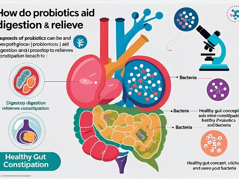 Diagram showing probiotics improving digestion and relieving constipation with scientific icons